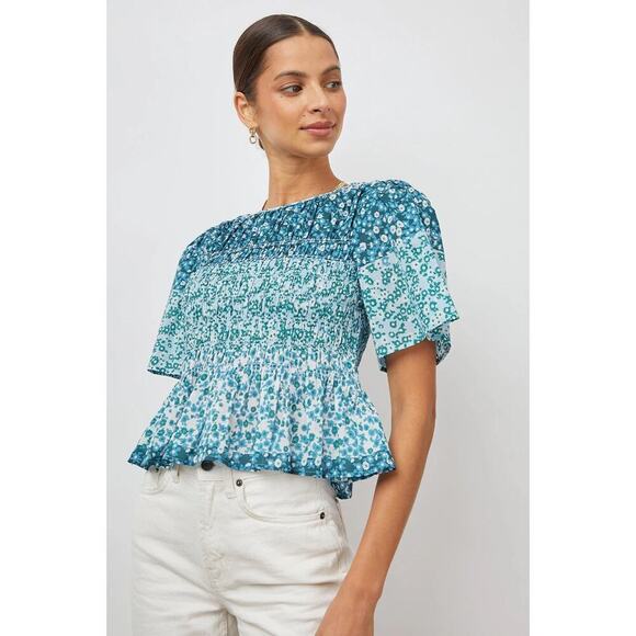 Rails Tops - Rails Rosie Top Striped Floral Smocked Blouse Blue Green Size Small
